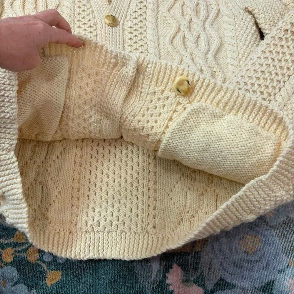 Vintage Handmade Wool Sweater Womens Large Cream Cable Knit Cardigan V-Neck